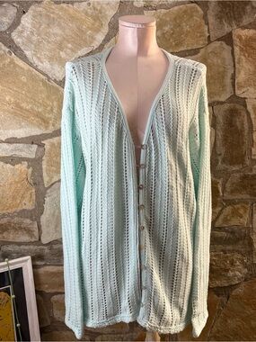 Vintage Moda Intl Mint Green Open Knit Cotton Cardigan Sweater Made in USA